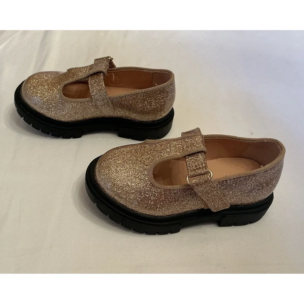 Cat & Jack Girls Gold Glitter‎ Mary Jane T-Strap Dress Shoes Size 6 Toddler